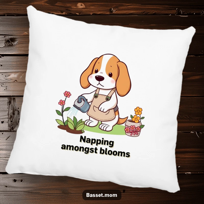 Funny Basset Hound pillow showcasing a dog in a gardening apron watering a flower, ideal for comfortable and humorous indoor gardening vibes.