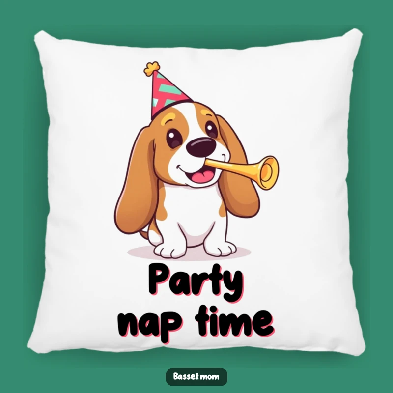 Soft Funny Basset Hound Party Pillow - Comfy Dog Gift with Party Hat & Trumpet