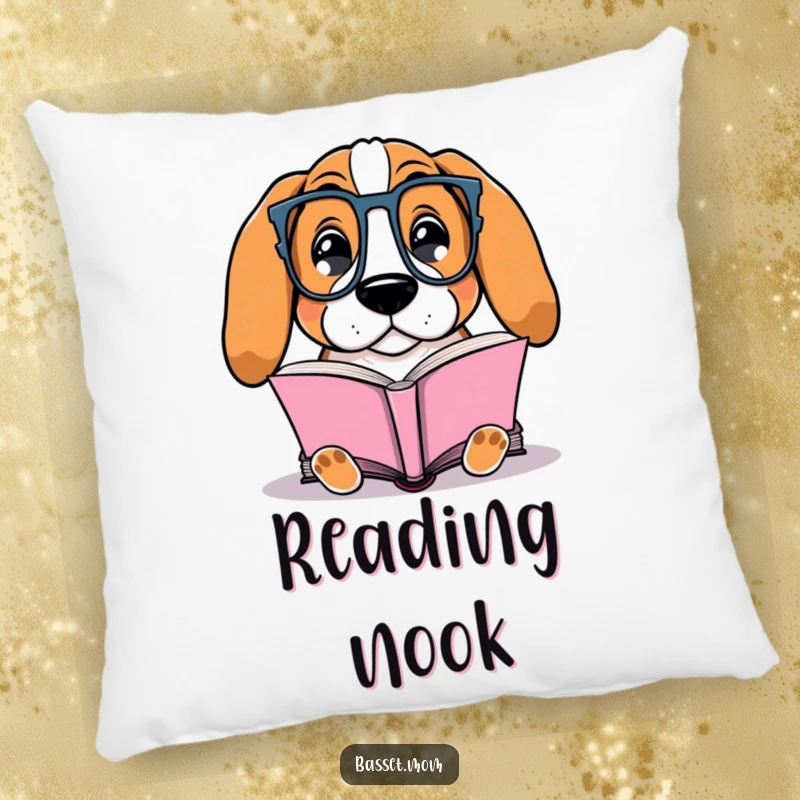 Funny Basset Hound pillow featuring a dog with glasses contentedly reading a book, offering comfort and literary humor.