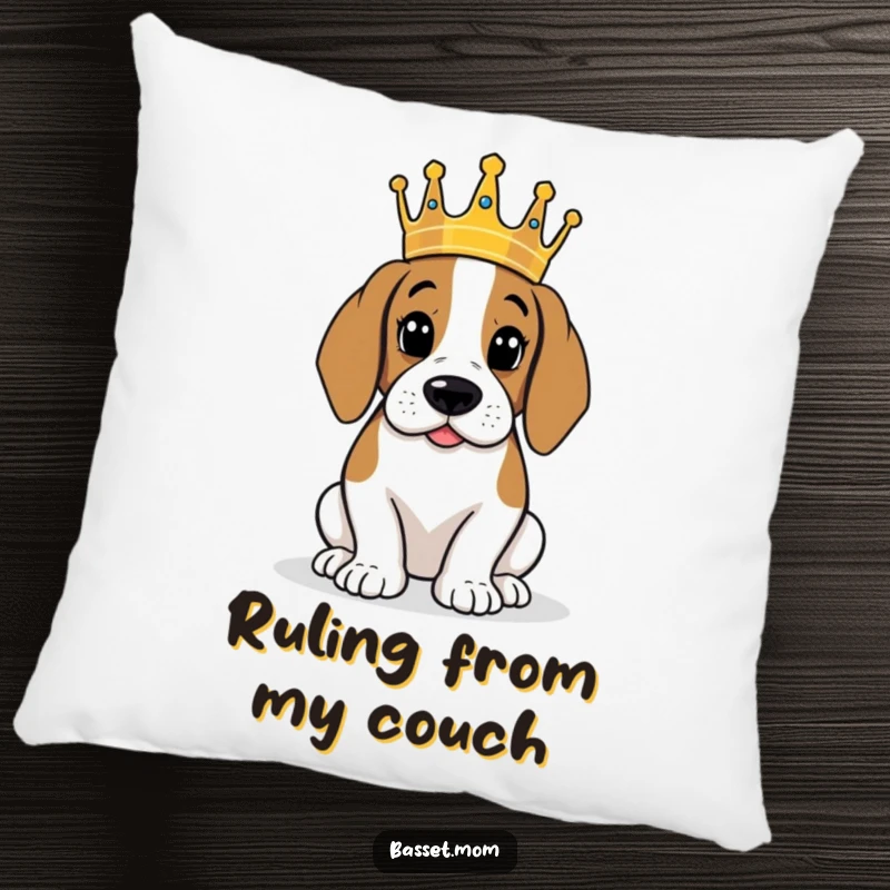 Funny Basset Hound with crown, surveying kingdom, plush decorative pillow, humorous home accent.