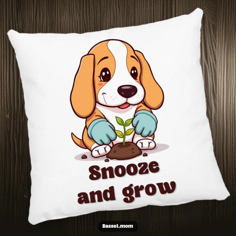 Funny Basset Hound Pillow: A dog in gloves plants a seed, soft and humorous decor.