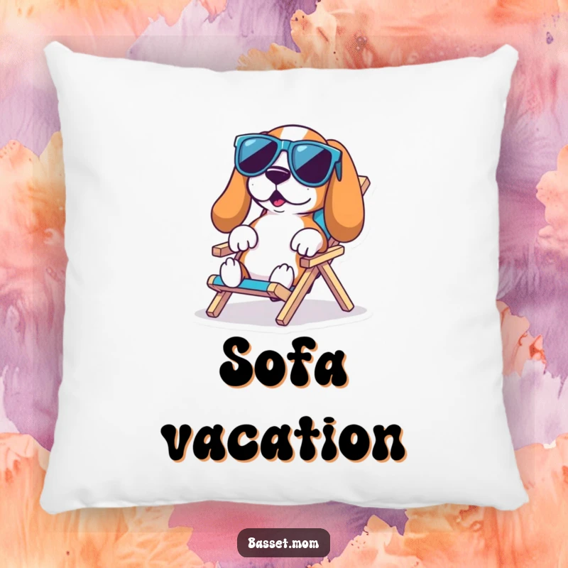 Funny Basset Hound Beach Pillow: A Basset hound in cool sunglasses lounges on a tiny chair, offering comfort and beachy humor, a funny gift.