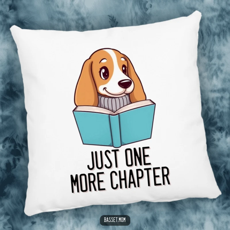 Funny Basset Hound pillow, a dog in a knitted sweater peeking over a book, soft and perfect for cozying up.