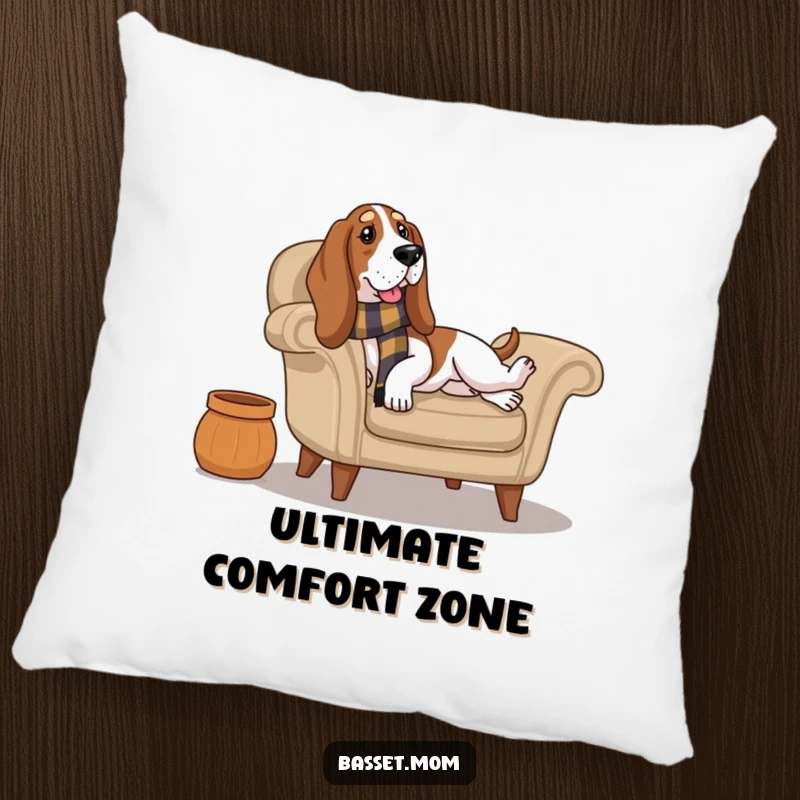 Funny Basset Hound wearing a scarf lounges on a cozy armchair, offering plush comfort and humorous relaxation on this pillow.