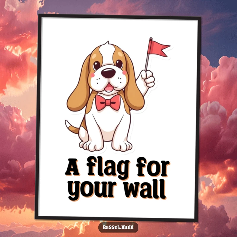 Funny plush Basset Hound in a dapper bow tie holding a tiny flag, captured in a high-quality digital art print for humorous decor.