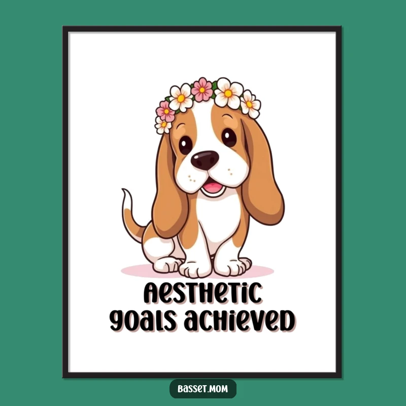 Funny Flower Crown Basset Hound Digital Art Print: Droopy Ears Wagging Tail - Instant Funny Gift