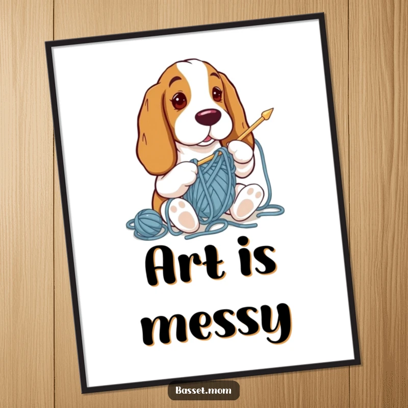 Funny Basset Hound attempting to knit, hopelessly tangled in yarn, available as a high-resolution digital art print.