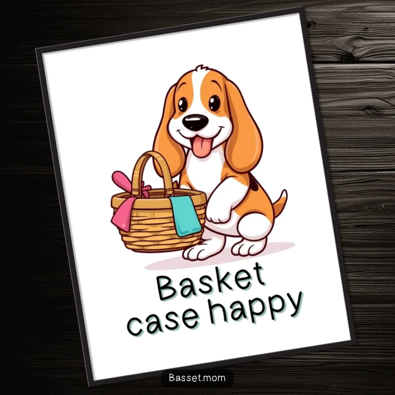 Funny Basset Hound digital art print, showing a dog with a happy expression balancing a picnic basket, cheerful outdoor-themed art.
