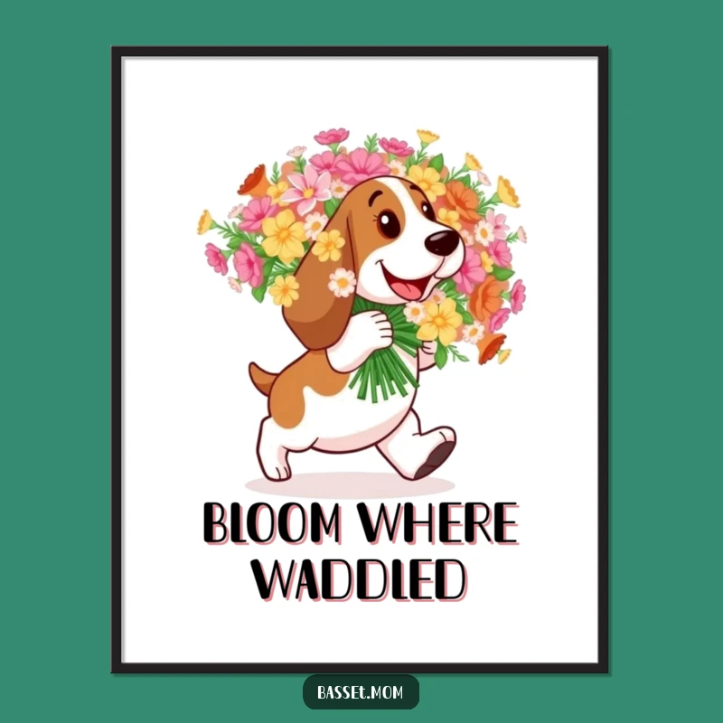 Funny Basset Hound Flower Digital Print: Happy Delivery Art, Perfect Gift