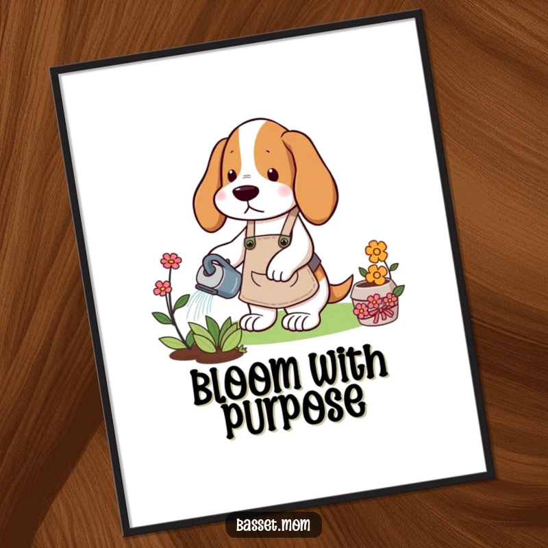 Funny Basset Hound digital art print of a dog in a gardening apron watering a flower, perfect for instant garden-themed decoration.