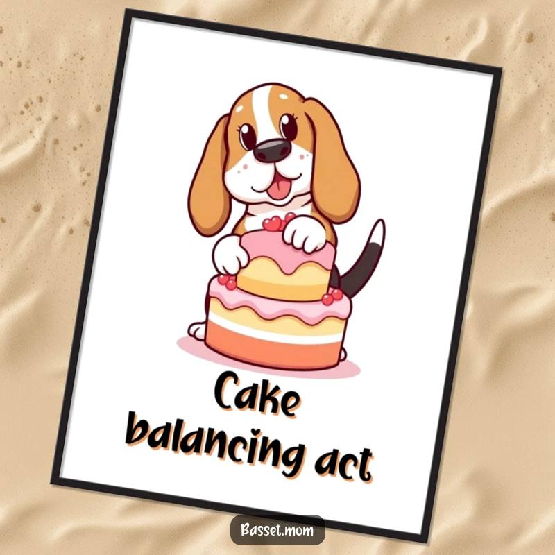 Funny Basset Hound digital art print, a dog balancing a cake, humorous wall decor, perfect for immediate download and gifting.