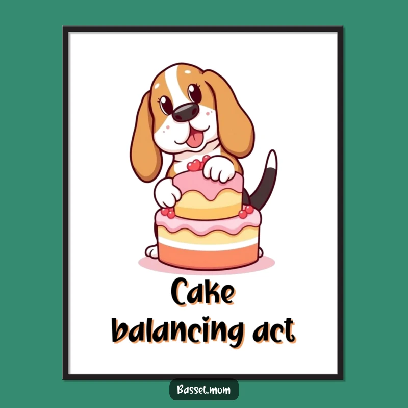 Funny Basset Hound Cake Balancing Digital Art - Instant Dog Lover Decor Gift!