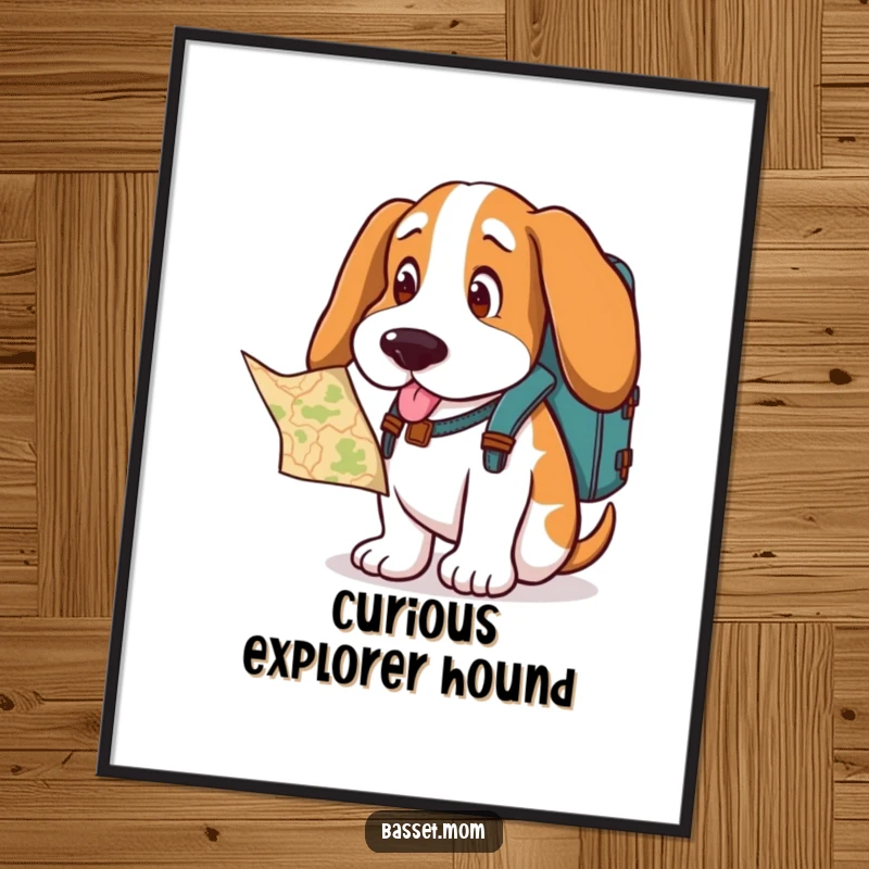 Funny Basset Hound digital art print, a dog with a backpack looking at a map, inspiring curiosity and adventure artwork.