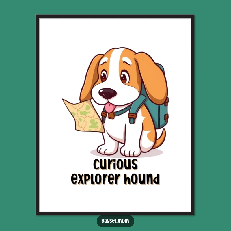Funny Basset Hound Explorer Digital Print - Printable Dog Art Gift with Backpack & Map