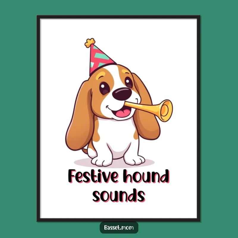 Funny Basset Hound Party Digital Print - Printable Dog Art Gift with Party Hat & Trumpet