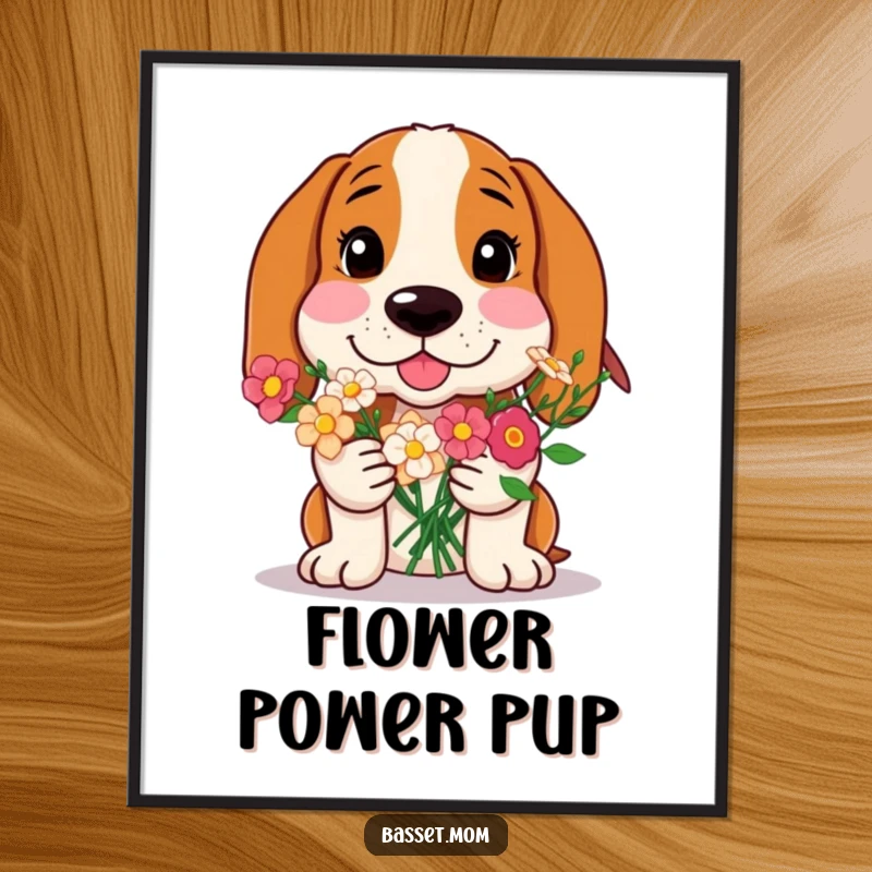 Funny Basset Hound digital art print, a dog with rosy cheeks offering flowers, charming wall decor, instantly downloadable gift.