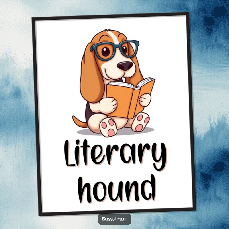 Funny Basset Hound digital art print, a dog wearing reading glasses reading a book, intellectual wall decor, instantly downloadable gift.