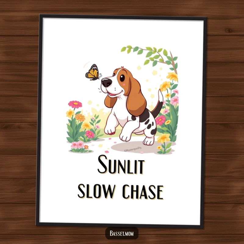 Funny Basset Hound Digital Art Print: Dog chases butterfly in garden, instant humorous wall decor.