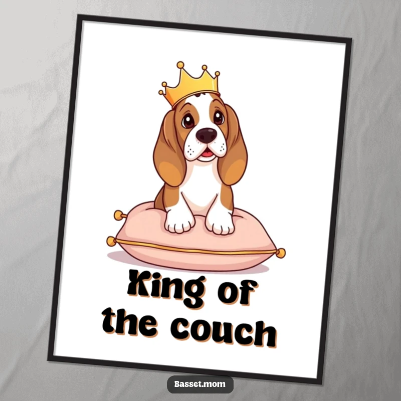 Funny Basset Hound digital art print, a crowned dog sitting majestically on a cushion, for instant decor.