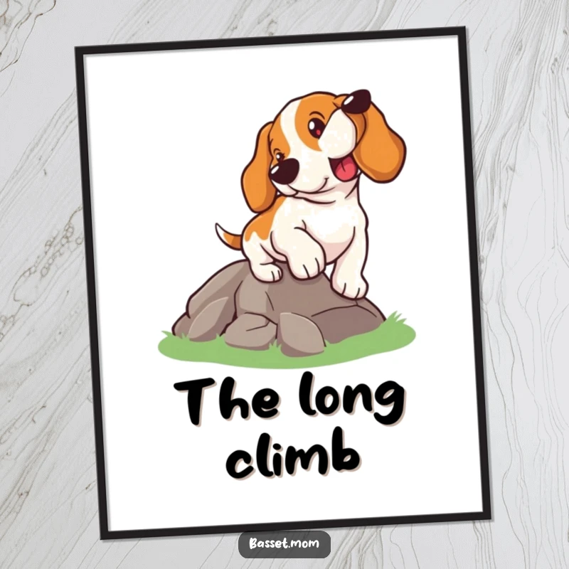Funny Basset Hound digital art print, a dog climbing a hill with determination, motivational wall decor, instantly downloadable gift.