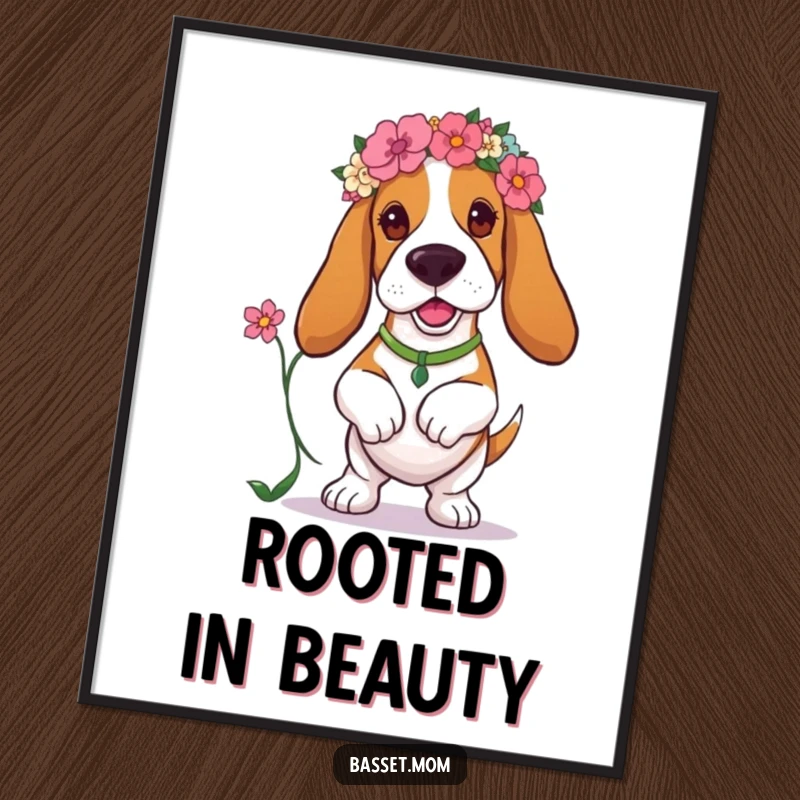 Funny Basset Hound digital art print of a dog with a floral headband, prancing with a flower, ideal for instant humorous wall decor.