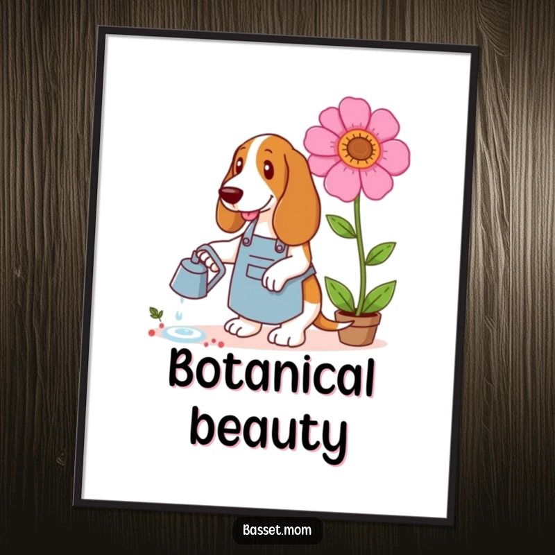 Funny Basset Hound digital art print of a dog in a gardening apron watering a giant flower, embodying whimsical horticultural delight.
