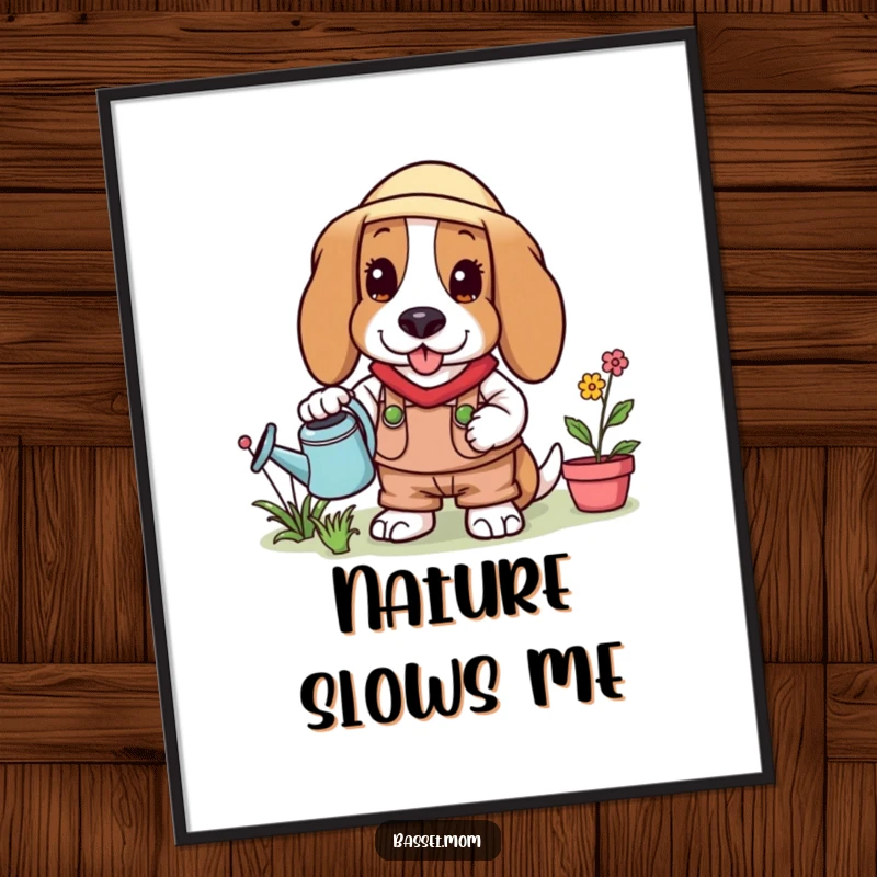 Funny Basset Hound dressed as a gardener, holding a watering can, ready for planting, as a digital art print.