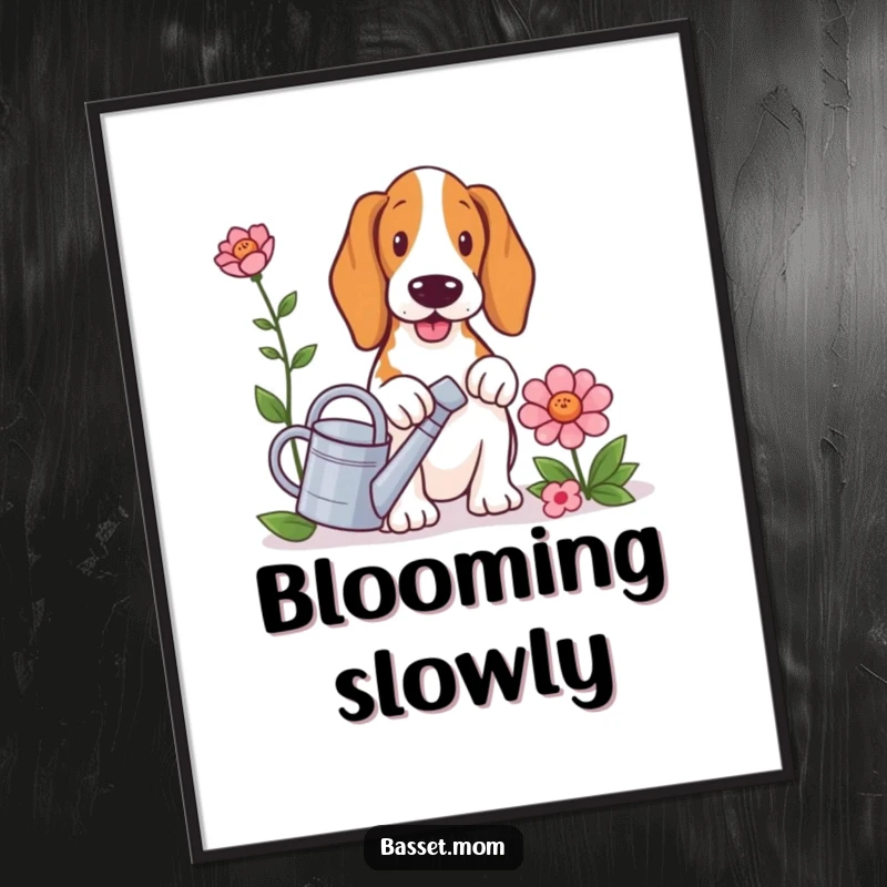 Funny Basset Hound digital art print, a dog with a tiny watering can, watering an oversized flower, vibrant and whimsical artwork.