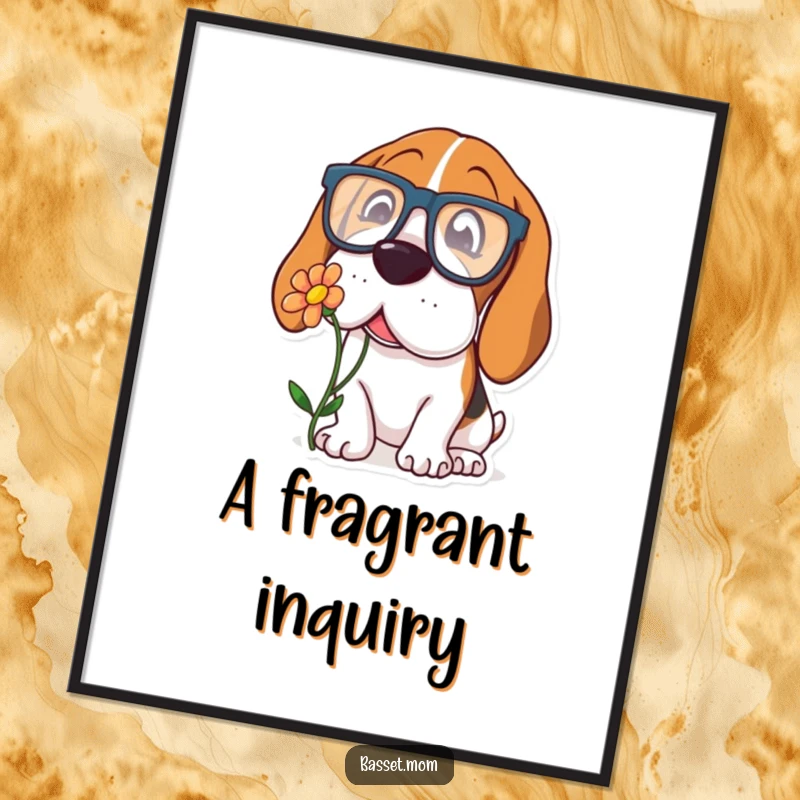 Funny Basset Hound digital art print of a dog in oversized glasses, curiously sniffing a flower, offering quirky charm.