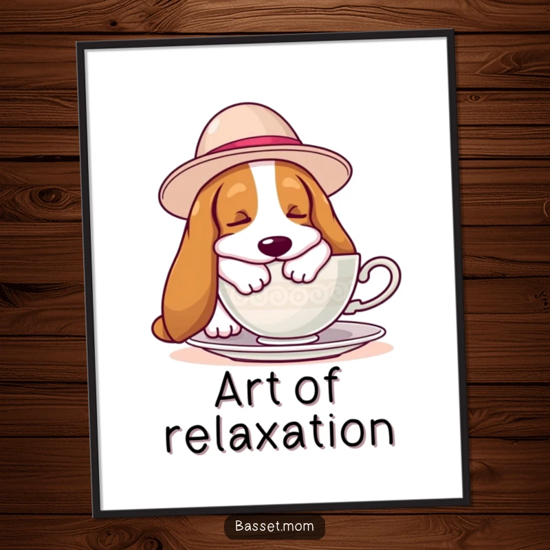 Funny Basset Hound digital art print of a hound in a hat napping near a teacup, perfect for instant humorous decoration.
