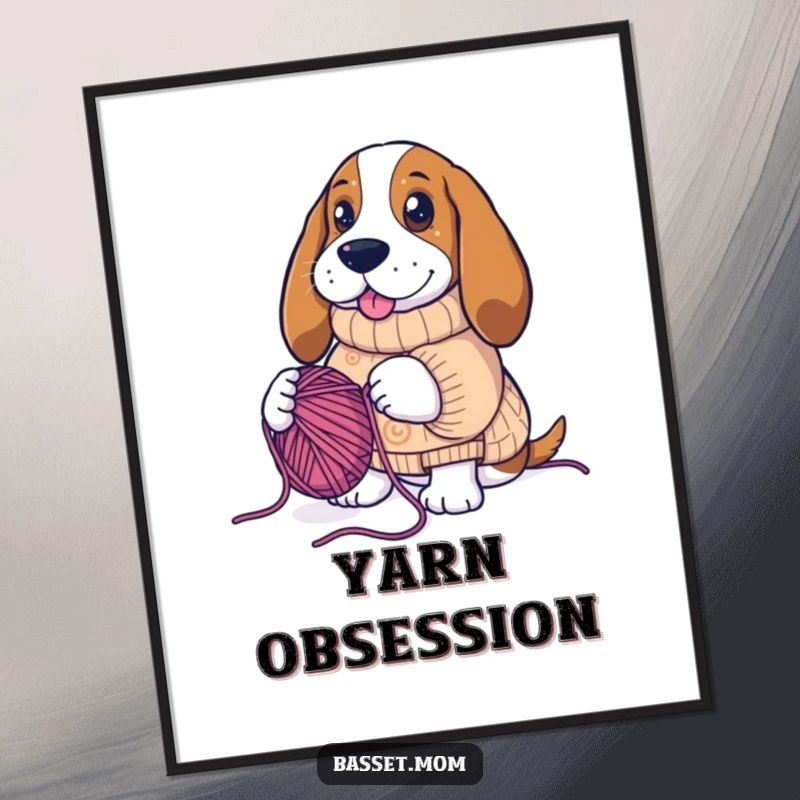Funny Basset Hound knitting sweater, creating yarn, printable digital art, humorous dog artwork.