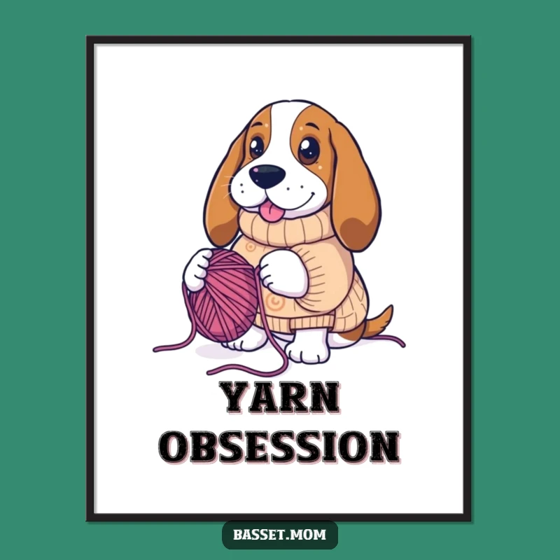 Funny Basset Hound Knitting Yarn Digital Art - Humorous Printable Wall Decor