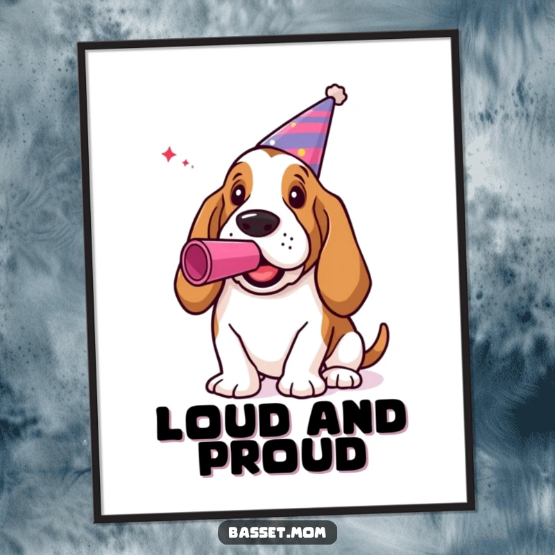 Funny Basset Hound Digital Art Print: A dog in a party hat blowing a noisemaker, festive decor.