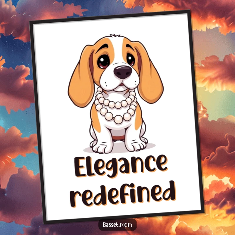 Funny Basset Hound digital art print, a dog with pearls posing dramatically, for instant wall decor.