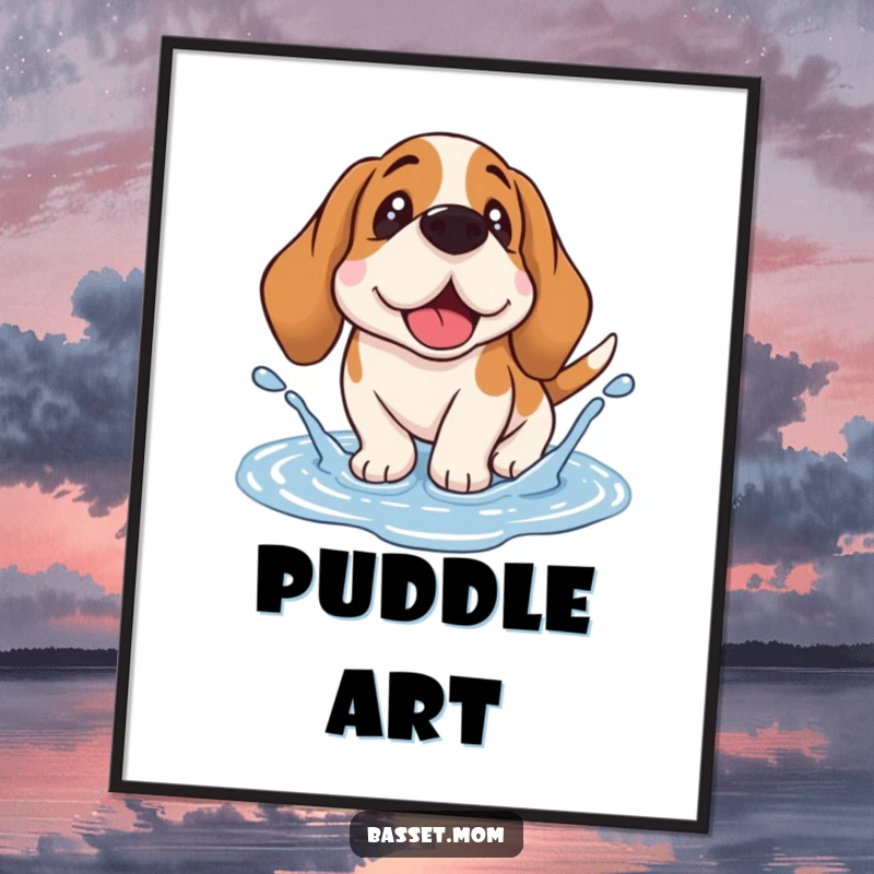 Funny Basset Hound digital art print of a droopy-eared dog gleefully splashing in a puddle, capturing whimsical, wet-dog joy.