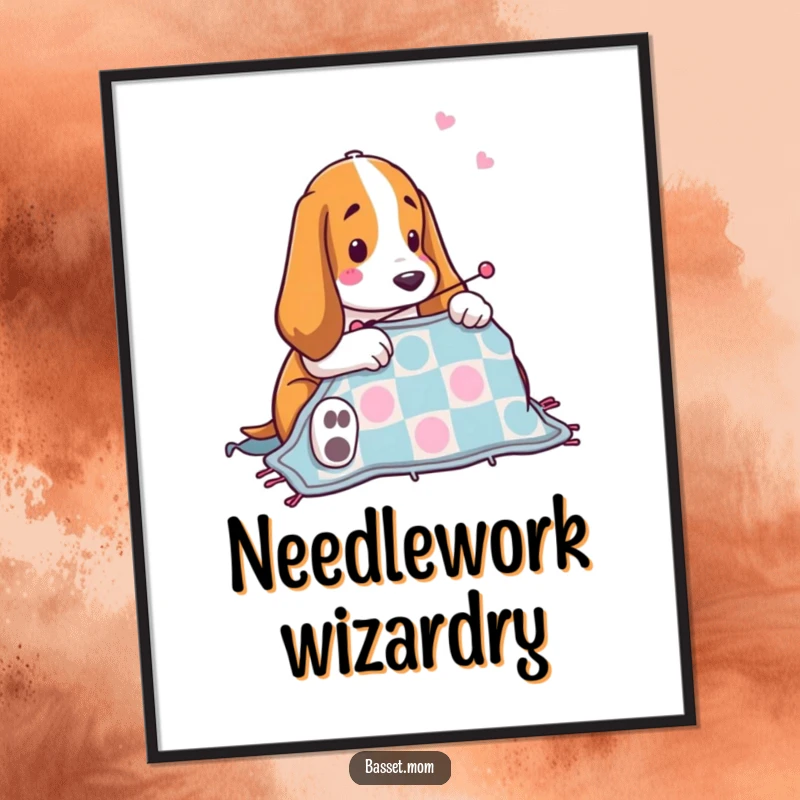 Funny Basset Hound quilting digital art print of a dog sewing a quilt, ideal for instant download and home decor, a humorous art piece.