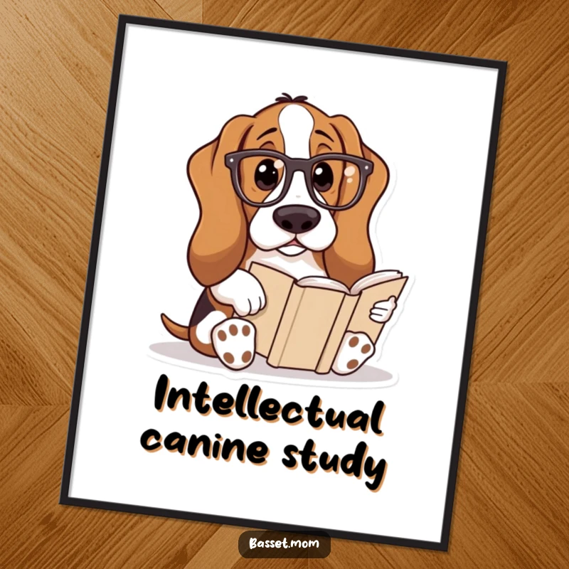 Funny Basset Hound digital art print of a dog wearing reading glasses and reading a book, perfect for instant intellectual decoration.