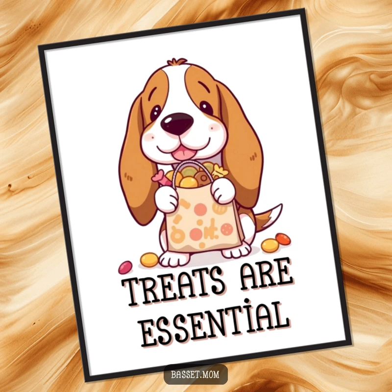 Funny Basset Hound holding a tiny shopping bag overflowing with treats, looking happy, as a digital art print.