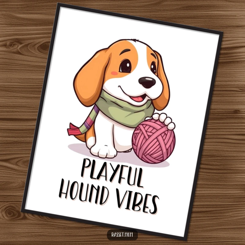 Funny Basset Hound digital art print, a dog in a scarf joyfully attacking a ball of yarn, vibrant and amusing artwork.