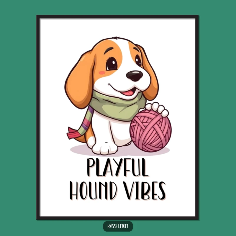 Funny Basset Hound Yarn Ball Digital Print - Printable Dog Art Gift for Scarf Lovers