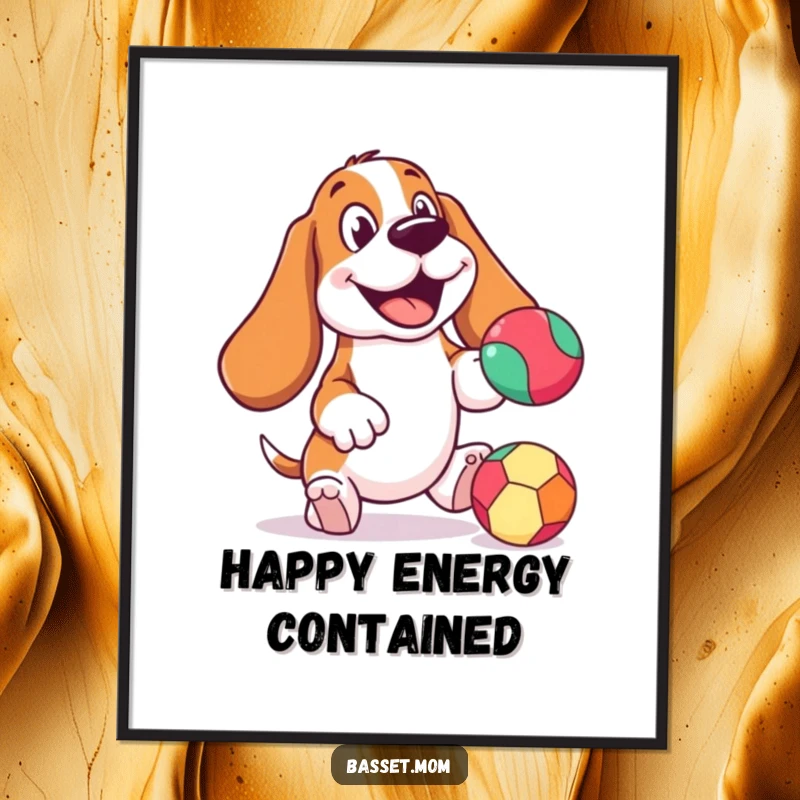 Funny Basset Hound digital art print, cheerful expression, bouncing a colorful ball, a downloadable piece of pure canine playfulness.