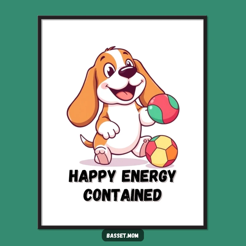 Funny Cheerful Basset Hound Digital Art Print: Bouncing Ball - Instant Funny Gift