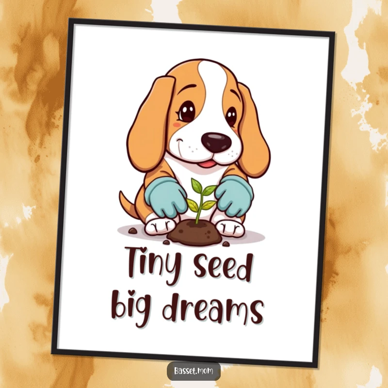 Funny Basset Hound Digital Art Print: Dog plants seed, instant whimsical garden decor.