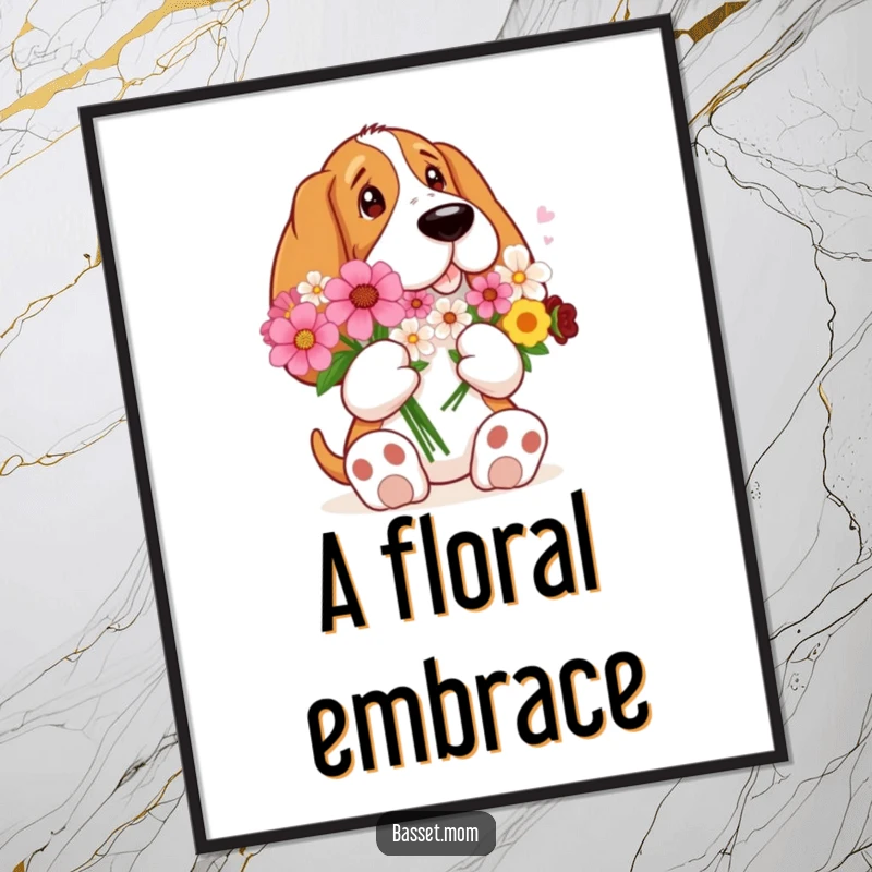 Funny Basset Hound with big paws holding a bouquet of flowers, captured in a high-quality digital art print for heartwarming decor.