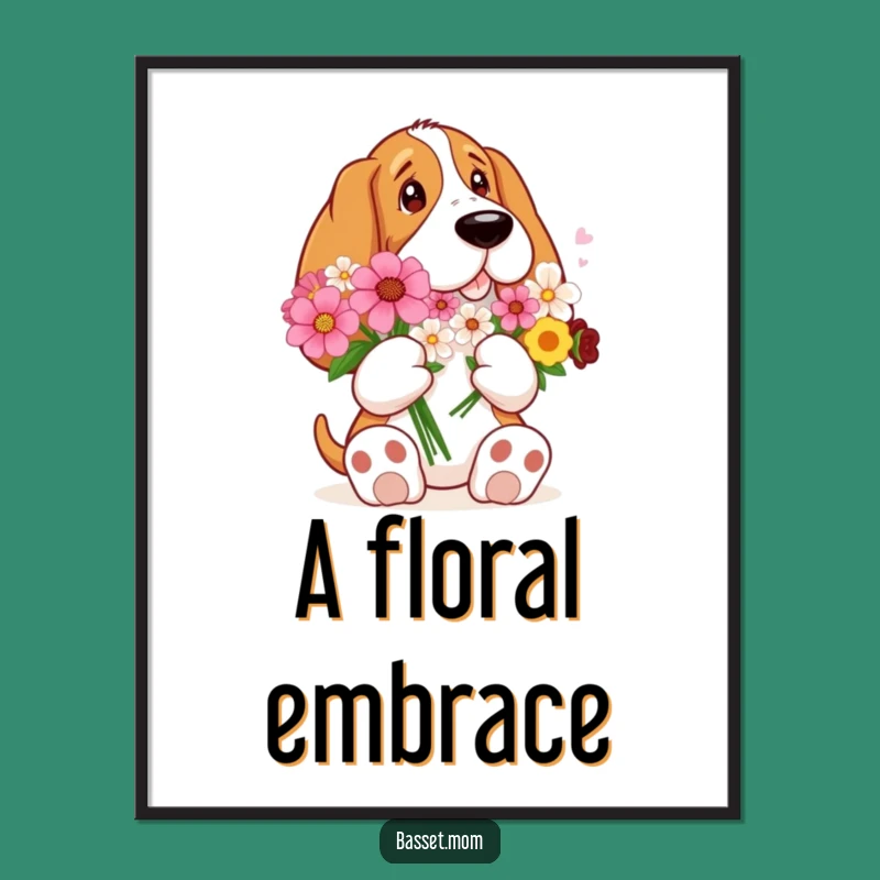Funny Sweet Basset Hound Flower Bouquet Digital Art Print