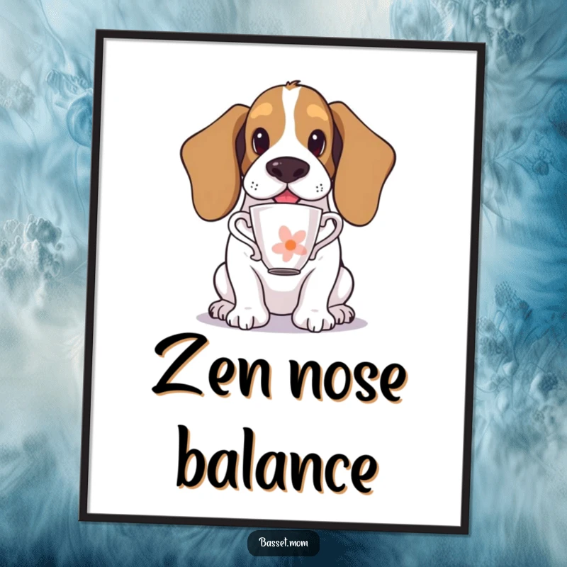 Funny Basset Hound digital art print of a dog balancing a teacup on its nose, conveying graceful humor and concentration.