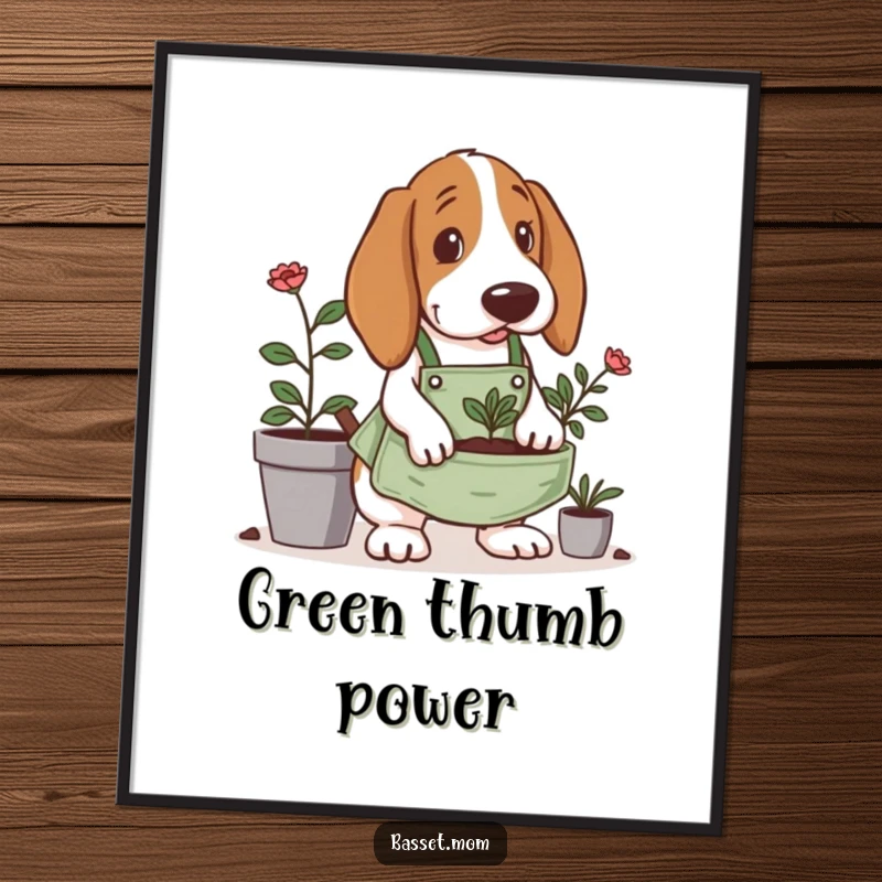 Funny Basset Hound digital art print, wearing a tiny gardening apron, digging enthusiastically in a planter, a downloadable piece of garden humor.