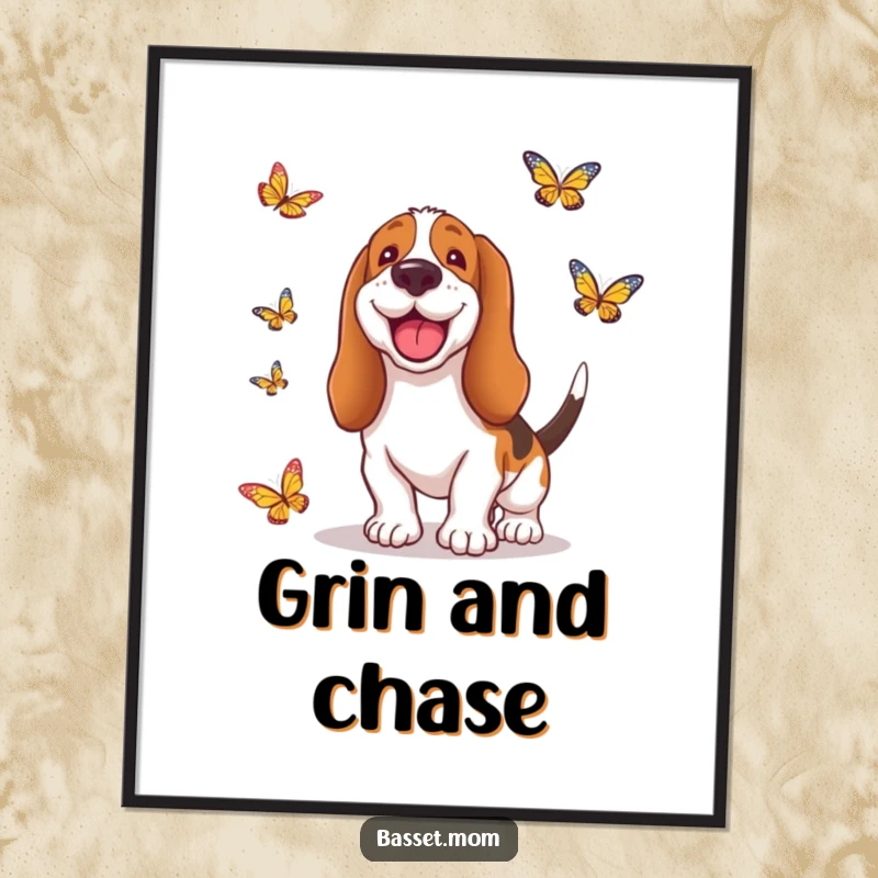 Funny Basset Hound digital art print of a dog with a silly grin, joyfully chasing butterflies, ready to download and brighten your walls.