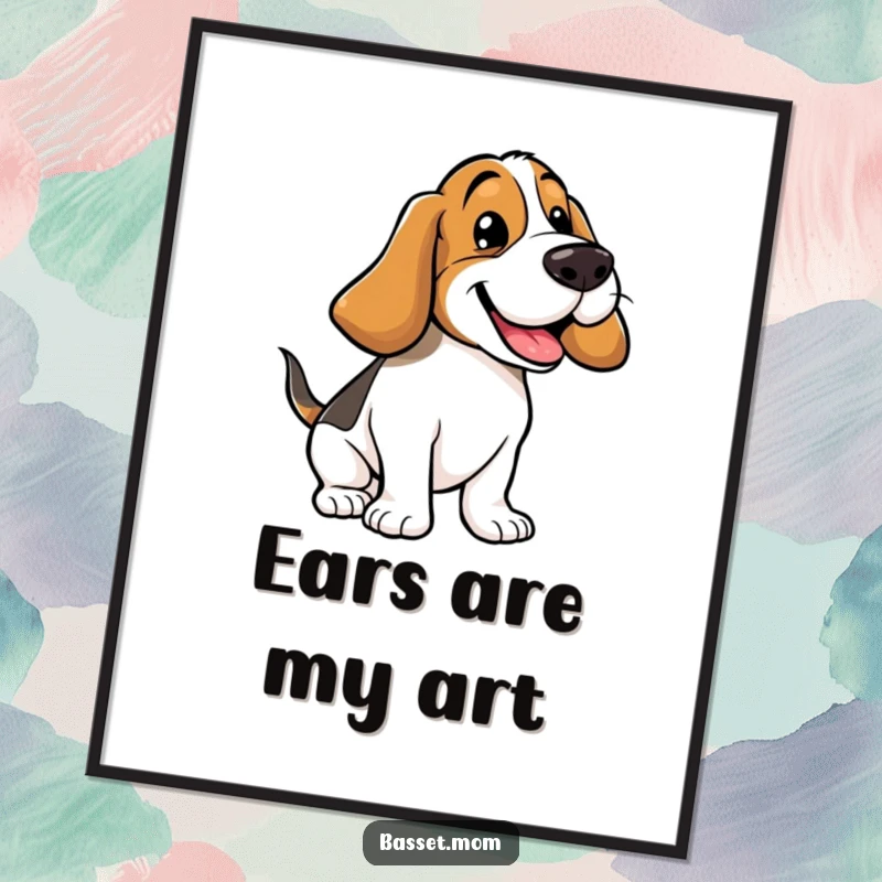Funny Basset Hound digital art print of a dog bouncing with floppy ears flying, conveying extreme joy and comical movement.