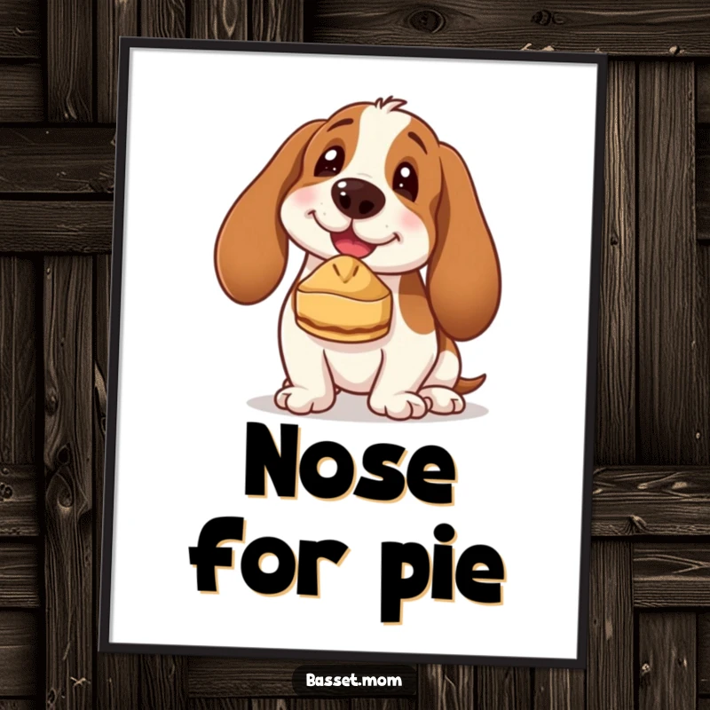 Funny Basset Hound digital art print capturing a dog's joyful expression while balancing a small pie on its nose, ready to download and display.